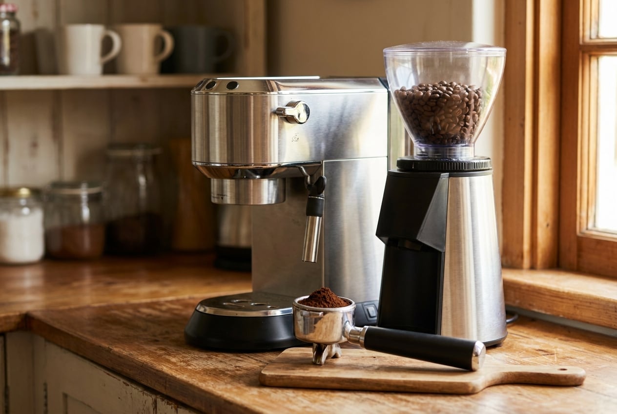 Inexpensive espresso machine beside a conical burr grinder that is slightly larger than the machine