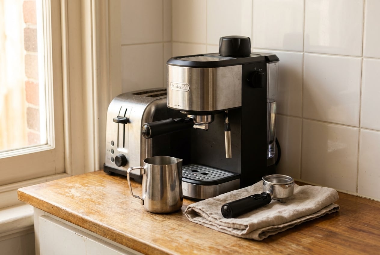 Very slim budget espresso machine squeezed between a toaster and a tiled wall on a narrow counter