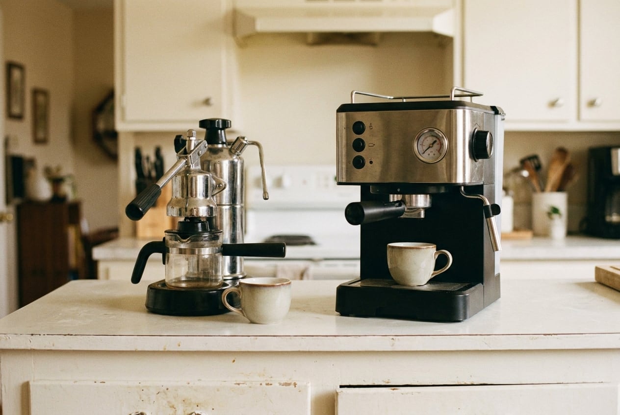 A small steam espresso maker with a glass carafe beside a pump espresso machine with a portafilter, one cup in front of each