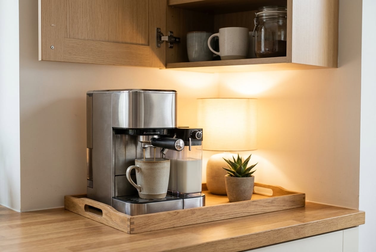 One-touch automatic espresso machine with a milk carafe pouring a latte on a wood tray