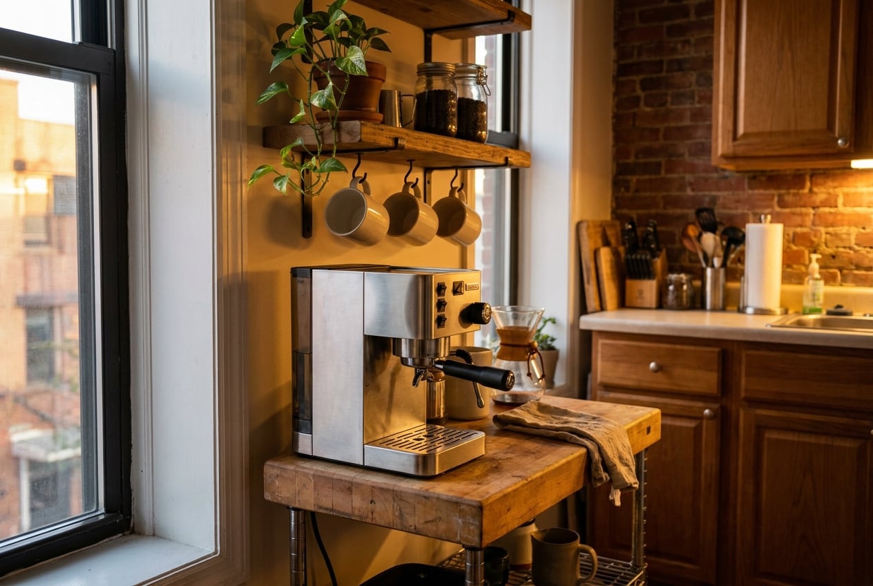 Slim espresso machine on a butcher-block cart in a small apartment kitchen with mugs hanging above
