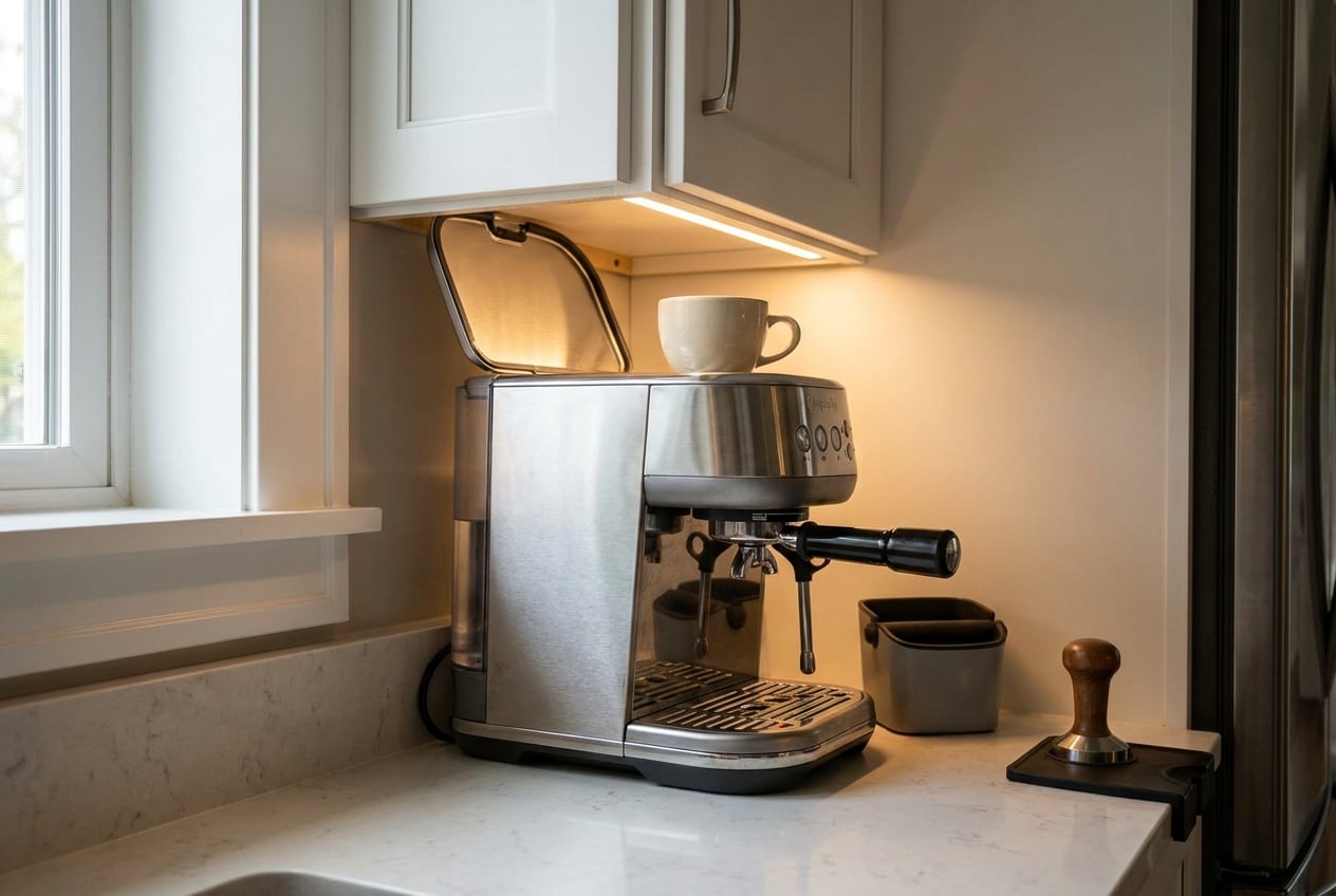 Espresso machine tucked under a wall cabinet with its tank lid open, showing the tight clearance above