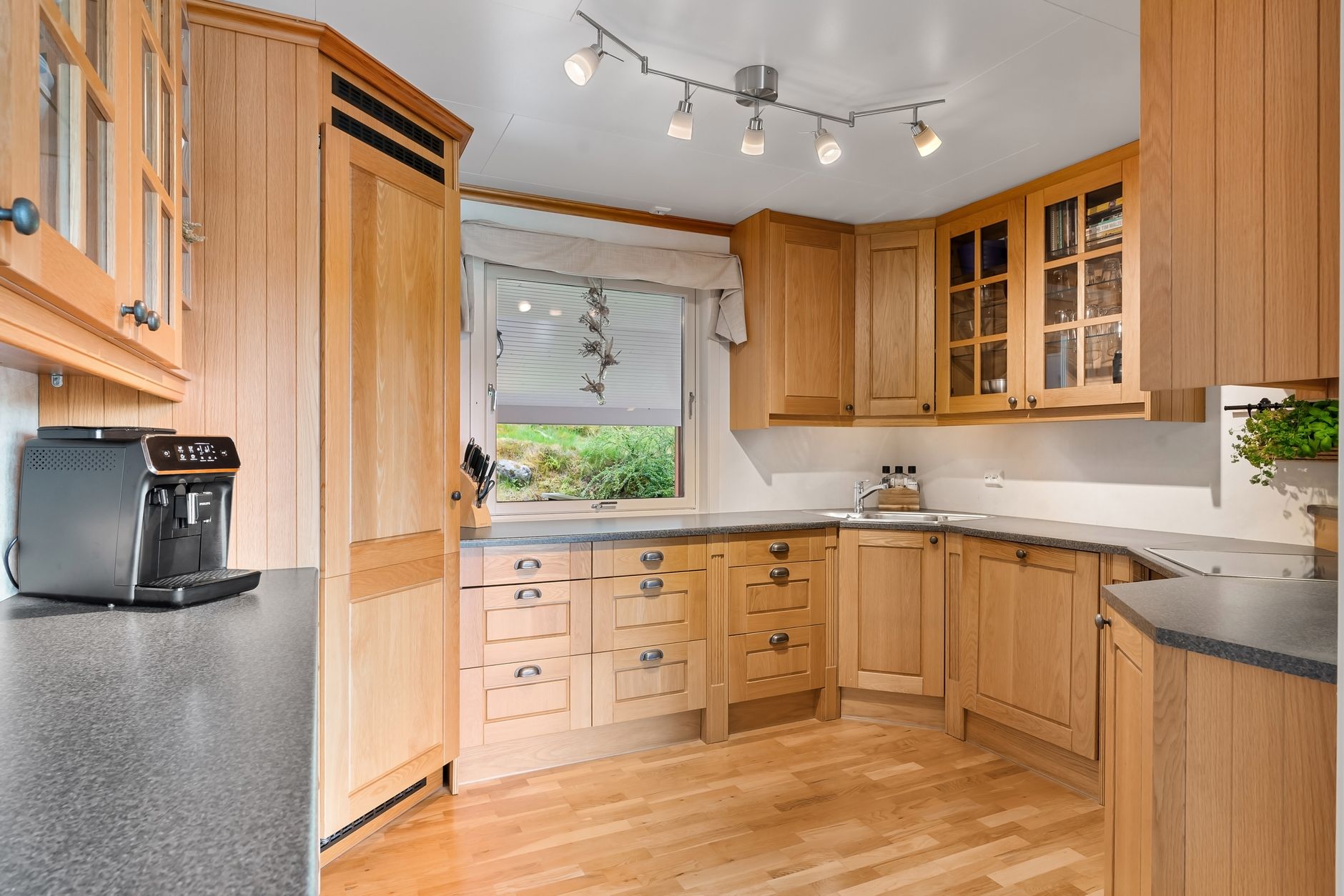 Angled corner cabinet in a kitchen holding a coffee maker and a stack of saucers