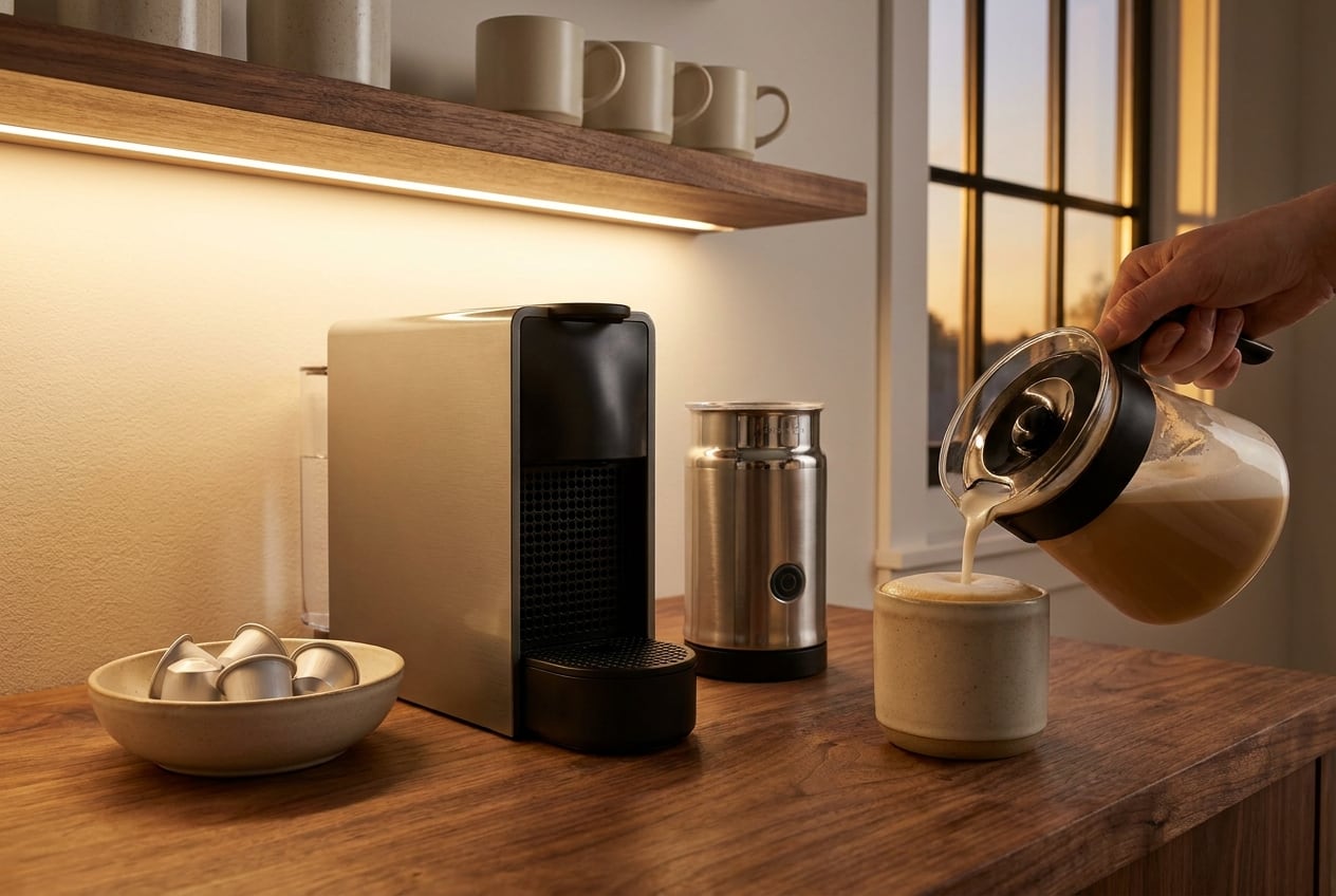 Pod coffee machine beside a standalone milk frother, milk pouring into a stoneware mug