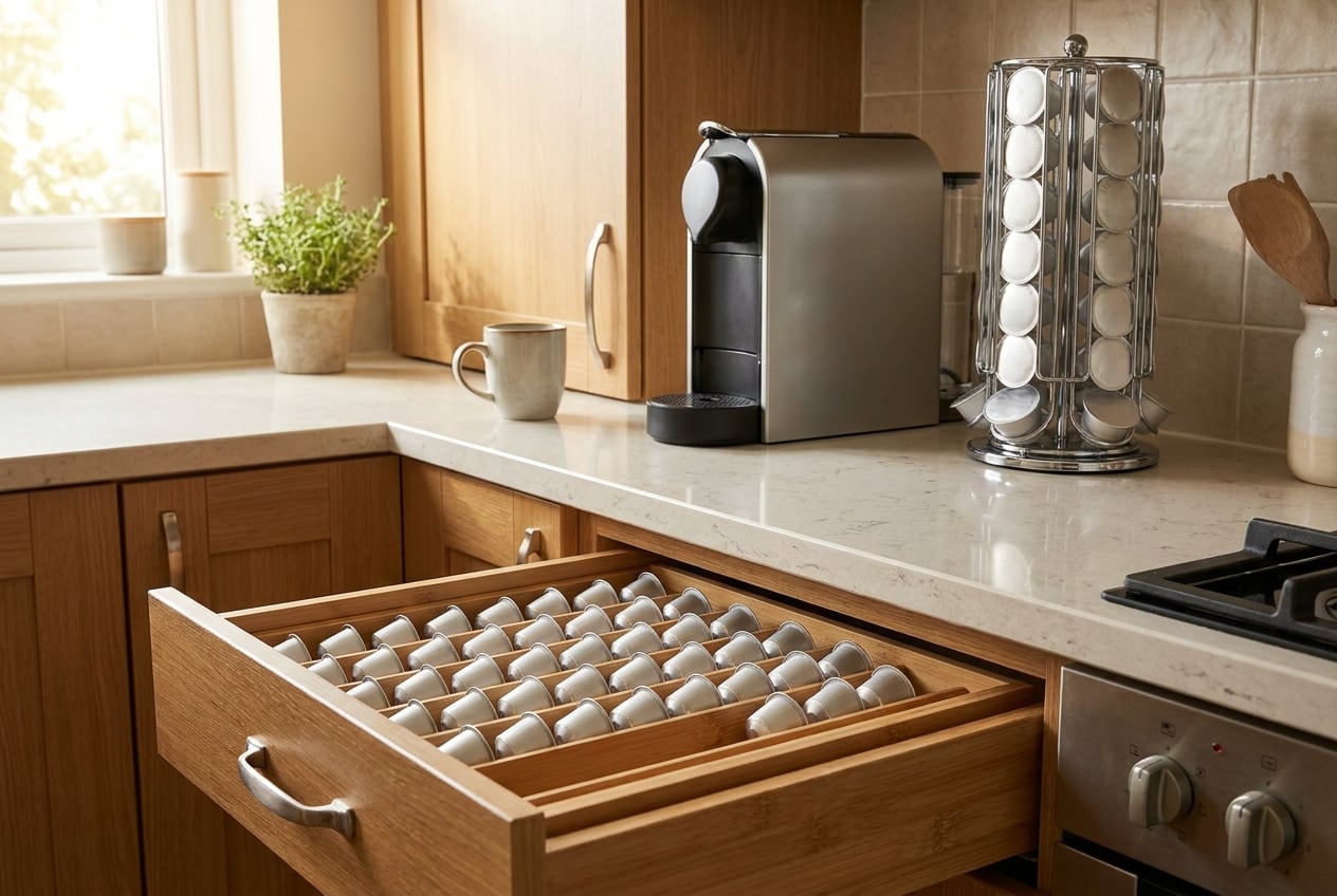 Open kitchen drawer with a capsule organizer insert full of pods, a carousel tower on the counter above
