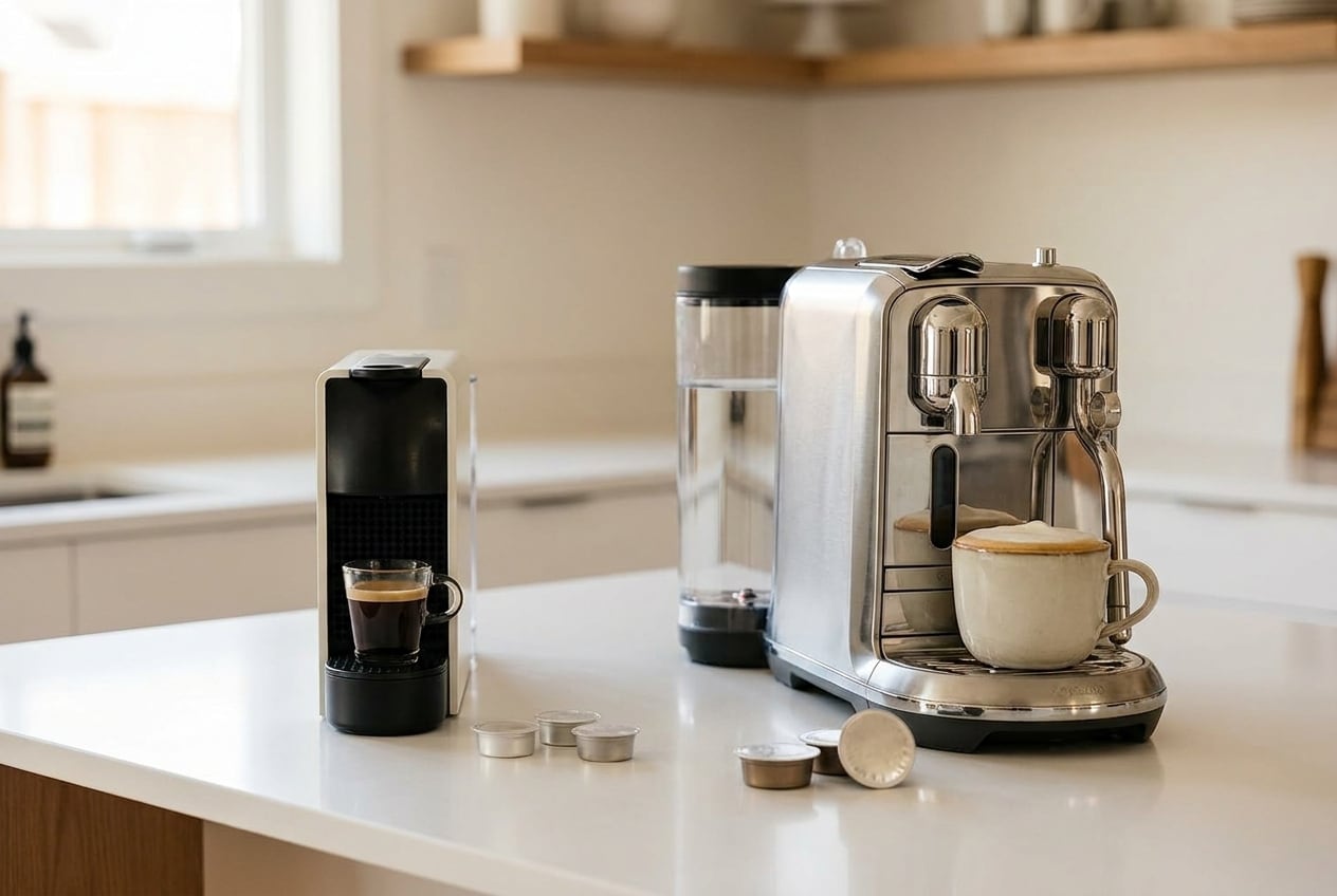 A small narrow pod machine with an espresso cup beside a taller wider machine with a mug of crema-topped coffee